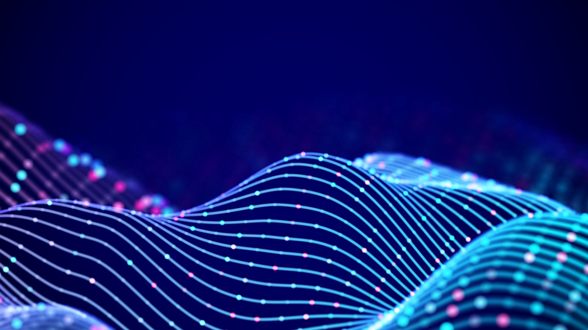 3D Sound waves with colored dots. Big data abstract visualization. Digital concept: virtual landscape. Futuristic background. Sound waves, visual audio waves equalizer, EPS 10 vector illustration.