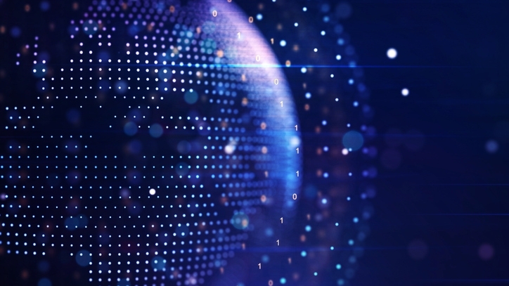 Abstract graphic world map illustration on blue background, big data and networking concept. 3D Rendering