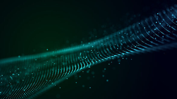 Abstract bright wave of glowing particles. The flow of musical sounds. Big data visualization. 3d