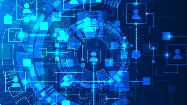 Abstract representation of a computer network and its users in the form of icons of people in squares. Vector illustration. Hand drawn.