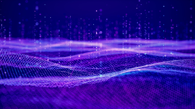 Abstract digital wave composed of glowing purple and blue particles. Vertical light trails float above the surface, creating a futuristic atmosphere.