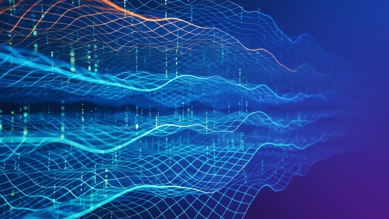 Blue and orange wireframe lines with scattered digital elements creating a modern visualization of data transfer and technology systems.