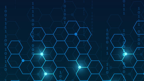 A vertical dark blue digital background featuring falling digital numbers above a geometric network of glowing blue hexagons connected by lines with illuminated nodes at the bottom.