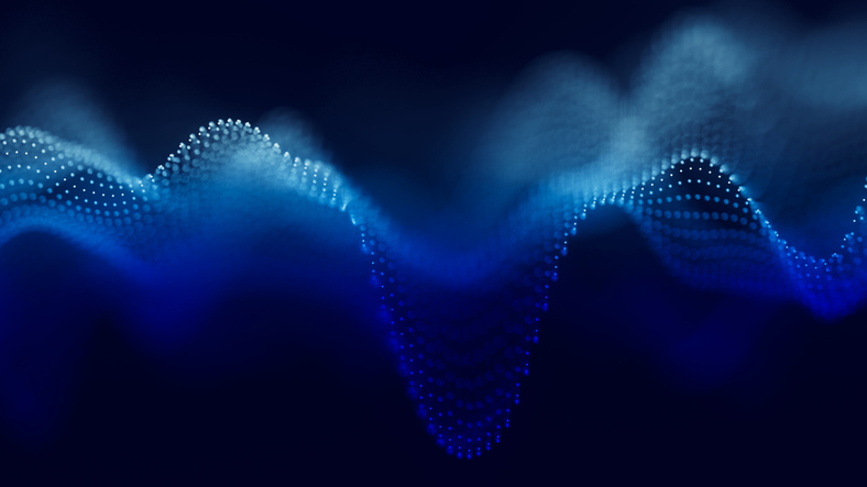 Audio blue waveform digital particle background. Abstract music dot waves equalizer. Futuristic sound wave visualization. AI synthetic voice technology. Tune print. Distorted frequencies