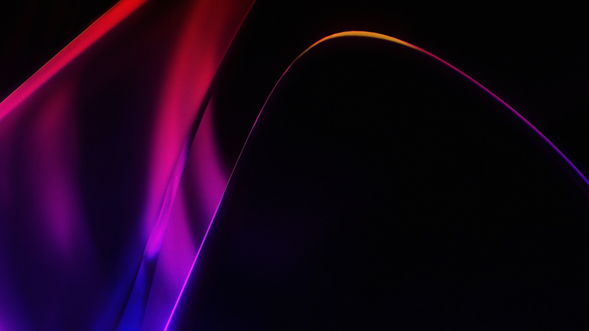 Abstract black luxury background with glowing neon geometric curves, elegant fluid translucent waves, vibrant magenta light gradient and copy space, 3D render