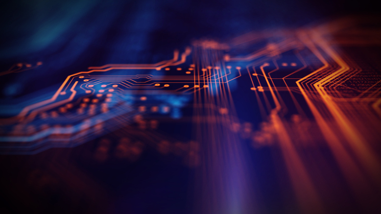 Orange and blue technology background circuit board and code. 3d Illustration