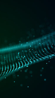 Abstract bright wave of glowing particles. The flow of musical sounds. Big data visualization. 3d