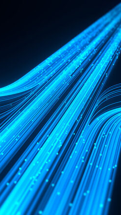 Big data communication and AI technology concept. Illustration of high-speed internet connectivity, optical fibers, digital signals, neural network, artificial intelligence with light trails.