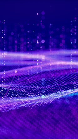 Abstract digital wave composed of glowing purple and blue particles. Vertical light trails float above the surface, creating a futuristic atmosphere.