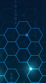 A vertical dark blue digital background featuring falling digital numbers above a geometric network of glowing blue hexagons connected by lines with illuminated nodes at the bottom.