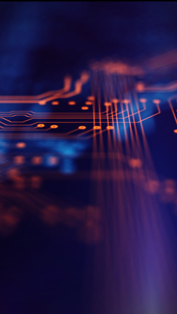 Orange and blue technology background circuit board and code. 3d Illustration
