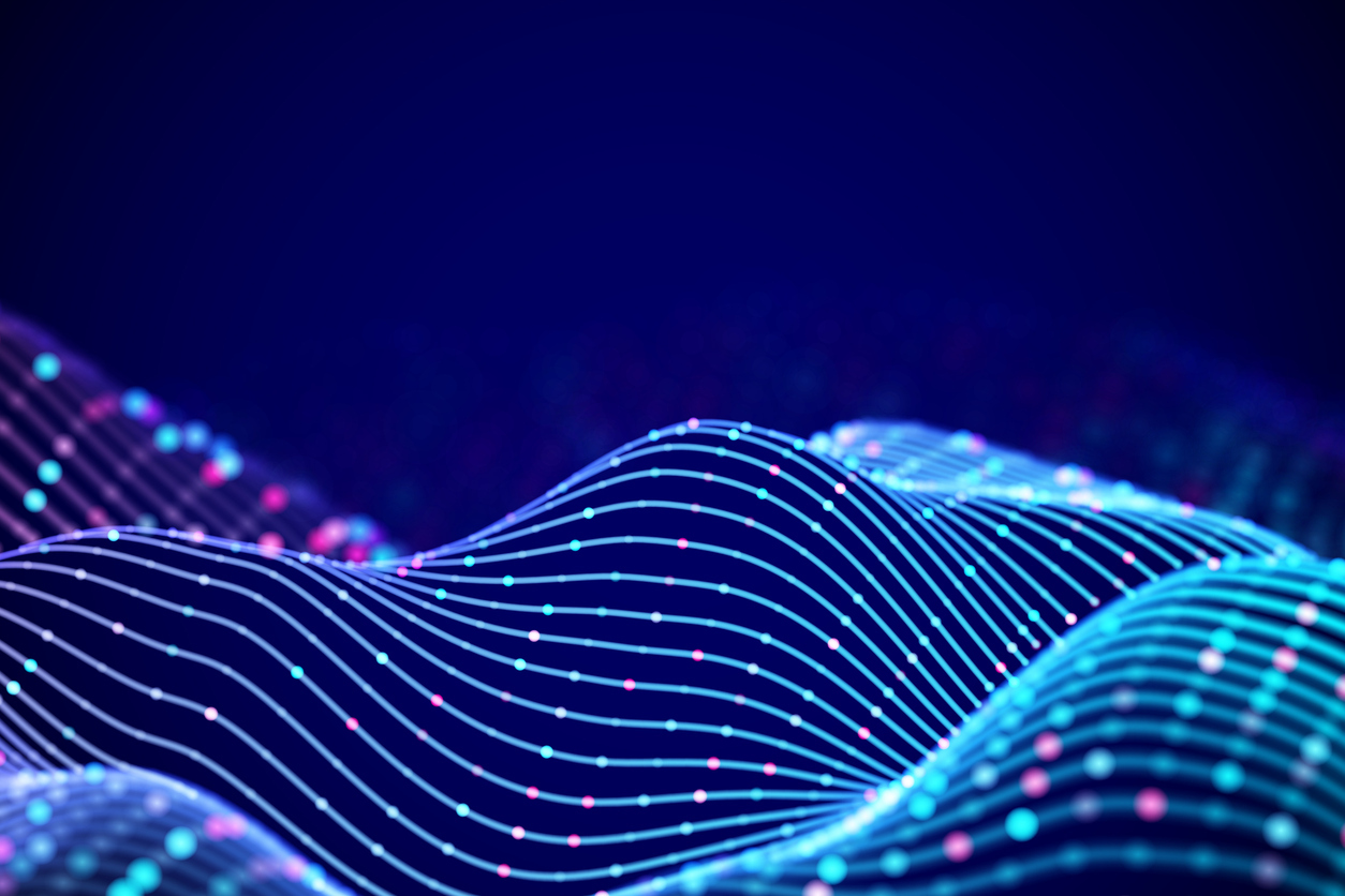 3D Sound waves with colored dots. Big data abstract visualization. Digital concept: virtual landscape. Futuristic background. Sound waves, visual audio waves equalizer, EPS 10 vector illustration.
