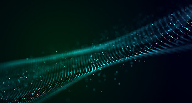Abstract bright wave of glowing particles. The flow of musical sounds. Big data visualization. 3d