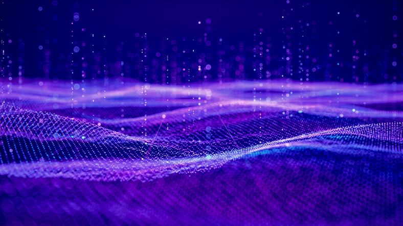 Abstract digital wave composed of glowing purple and blue particles. Vertical light trails float above the surface, creating a futuristic atmosphere.