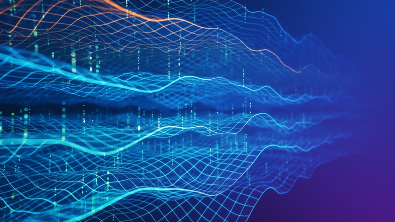 Blue and orange wireframe lines with scattered digital elements creating a modern visualization of data transfer and technology systems.