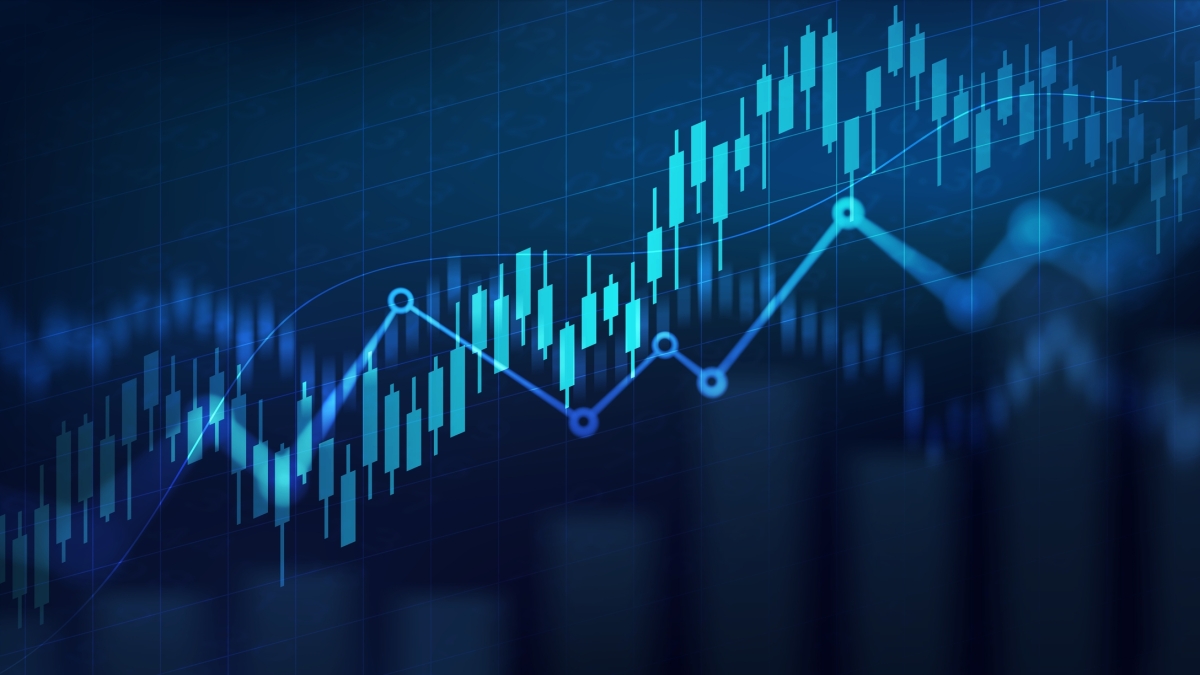 Financial chart with moving up arrow graph in stock market on blue color background
