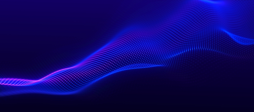 Digital technology background. Dynamic wave of glowing points. Colored music wave. Futuristic background for presentation design. 3d rendering. Widescreen.