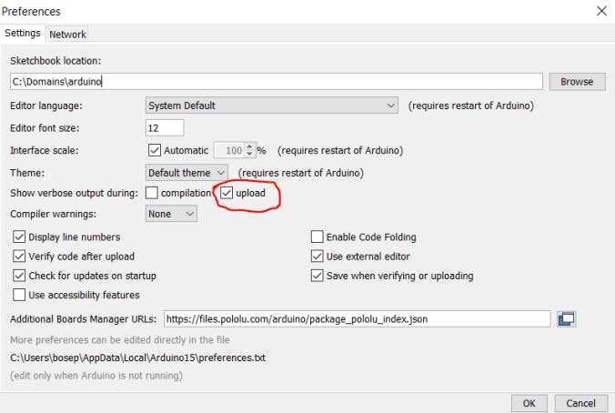 Arduino file preferences